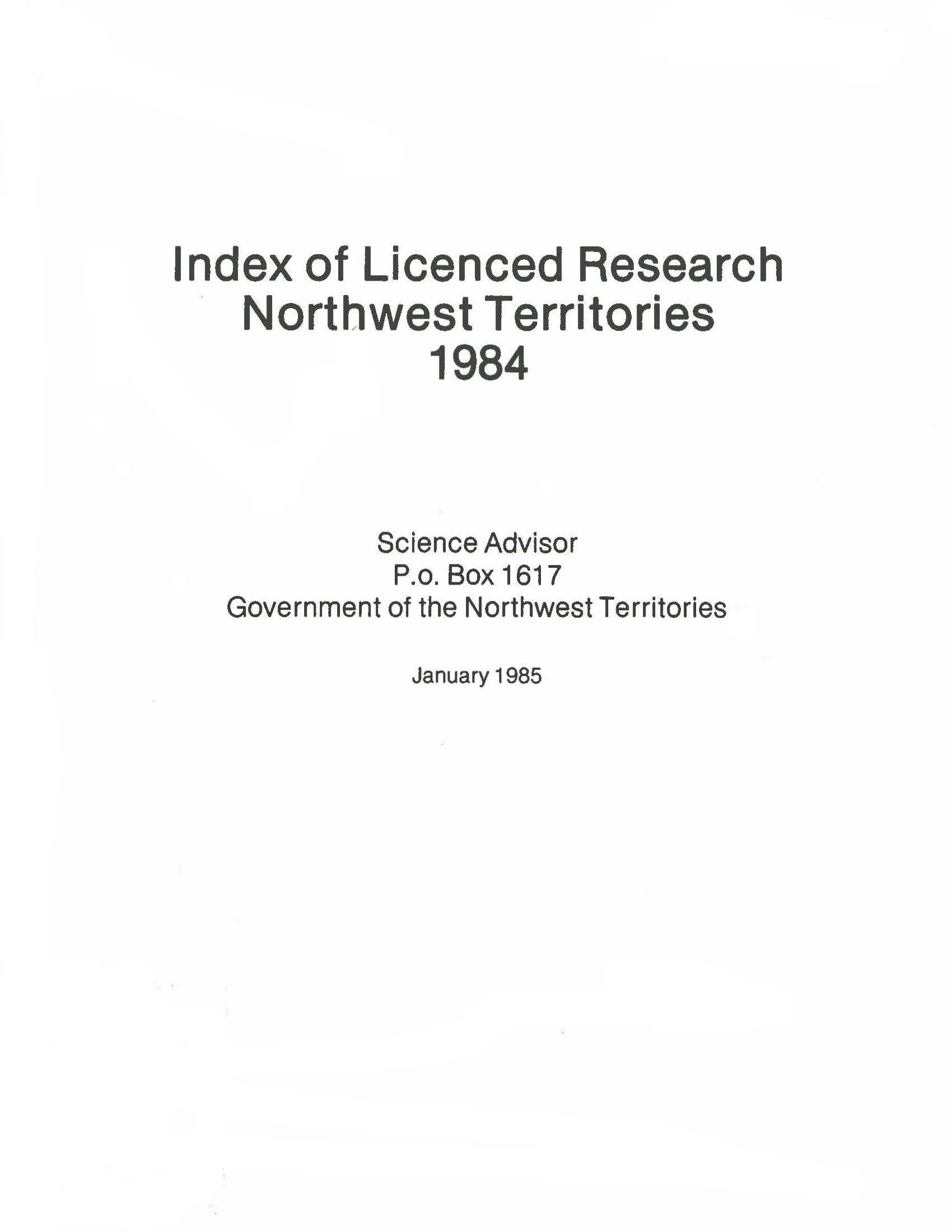 1984 Compendium of Research in the Northwest Territories 