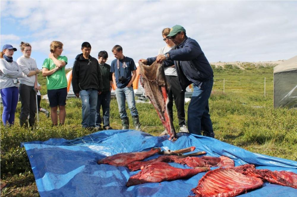 izaak_and_brandon_with_group_-_observing_caribou_butchering_by_elder_archie_wetrade