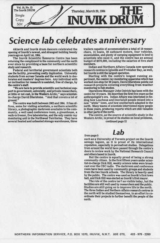 Inuvik Drum article on the 20th anniversary of research in Inuvik
